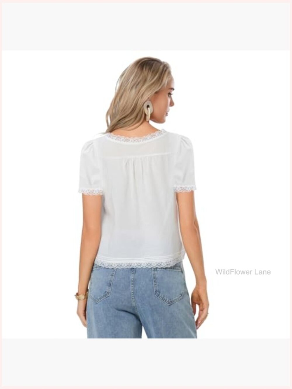 Lace Button Up Short Sleeve Sheer Ruffle Blouse Y2K Going Out Top - Picture 2 of 4